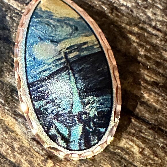 Handmade Boho Copper Earrings, Diamond Cut Van Gogh Starry Night Design Earring - Picture 7 of 9